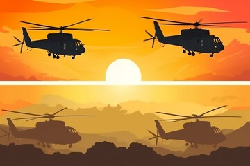 Illustrations of helicopters extinguishing a fire or working in a combat zone. Against the background of the sunset. Generative AI image
