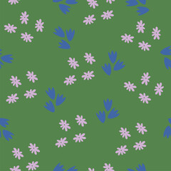 Vector seamless simple floral pattern with small rink and blue wildflowers on green background. 