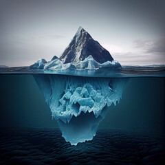 Fototapeta na wymiar An impressive underwater perspective of a large iceberg floating in the ocean, with its stunning textures creating a unique visual experience. Great for creative and artistic themes. AI Generative.