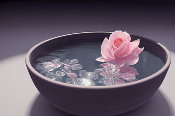 Obraz na płótnie Canvas Rose bud and petals in a bowl with clear water, spa concept, zen, generative AI