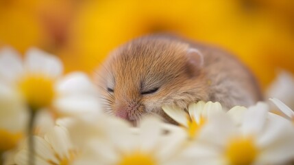 Sleepy Harvest Mouse taking a nap on a flower