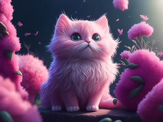 Illustration of a pink cat surrounded by pink flowers