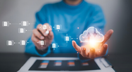 Business people using laptop with cloud computing system , Storage and data transfer Cloud network, Cloud technology. Networking and internet service, sharing download and upload and internet service