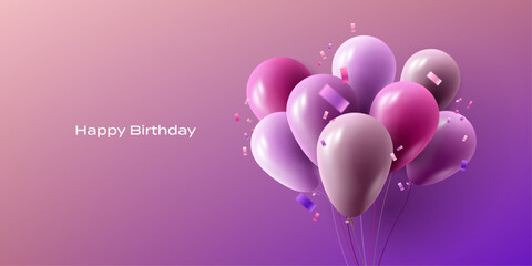 Happy birthday vector 3d illustration with realistic pink and purple balloons with confetti, greeting banner template