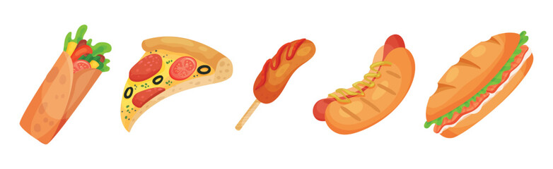 Street Fast Food with Pizza, Hot Dog and Sandwich Vector Set