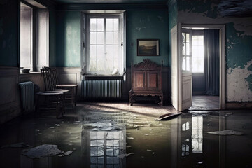 View of flooded flat interior. Generative AI