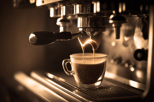 Close-up of espresso pouring from coffee machine. Generative AI