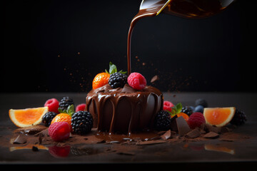 An explosion of chocolate dessert combined with fruits. Generative AI