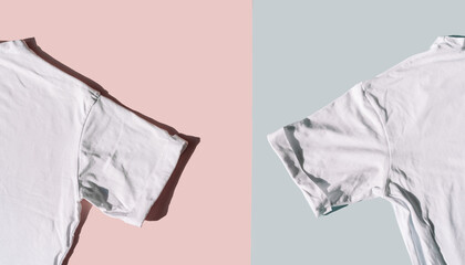 Men's and women's t-shirts on pink and blue background.