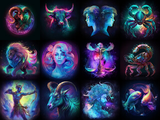 Set of zodiac signs icons. Aries, Leo, Gemini, Taurus, Scorpio, Aquarius, Pisces, Sagittarius, libra, Virgo, Capricorn, and Cancer. Phantasmal iridescent art. Generative AI - obrazy, fototapety, plakaty