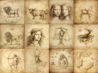 Set of zodiac signs icons. Aries, Leo, Gemini, Taurus, Scorpio, Aquarius, Pisces, Sagittarius, libra, Virgo, Capricorn, and Cancer. Leonardo da Vinci style. Generative AI - obrazy, fototapety, plakaty