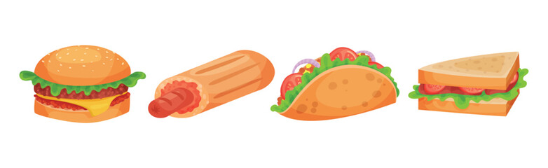 Street Fast Food with Hot Dog, Hamburger, Sandwich and Taco Vector Set