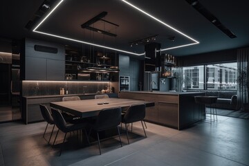 A modern, spacious apartment with a fashionable decor of a luxurious kitchen, LED lighting, an island for cooking and dining.