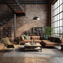 modern rustic industrial style living room loft interior apartment mockup 3d render