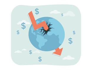 Downward arrow piercing through globe vector illustration. Cartoon drawing of arrow going through Earth, symbol of recession or financial failure. Financial crisis, finances, economy concept