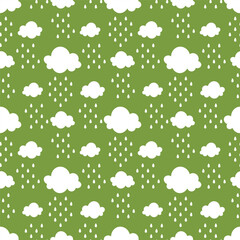 Green seamless pattern with white clouds and raindrops