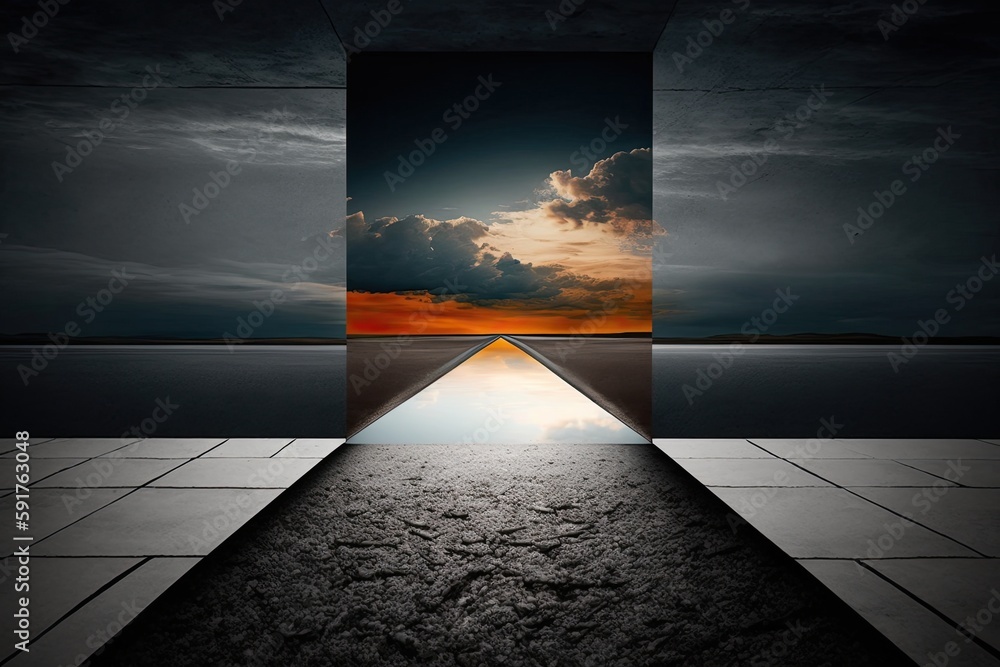 Poster n empty room with a view of the sky and clouds in the background. generative ai