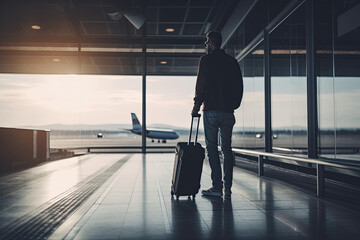 Obraz premium Young man with a suitcase in the airport terminal. Travel concept. Generative AI