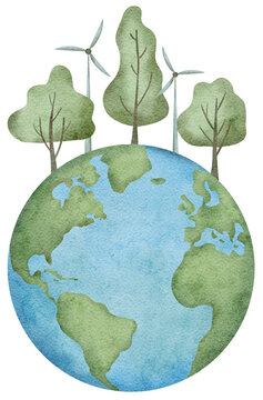 Happy Earth Day. World globe with trees and windmill. International Mother Earth Day. Watercolor illustration.