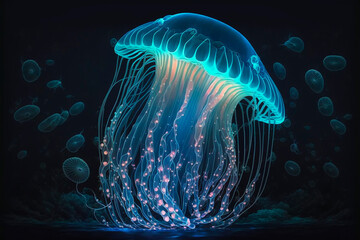 Bioluminescent rainbow jellyfish underwater on a dark black background at night. Transparent multi-colour, exotic jelly fish glowing in the dark. Tropical marine animal in a luminescent Generative AI.