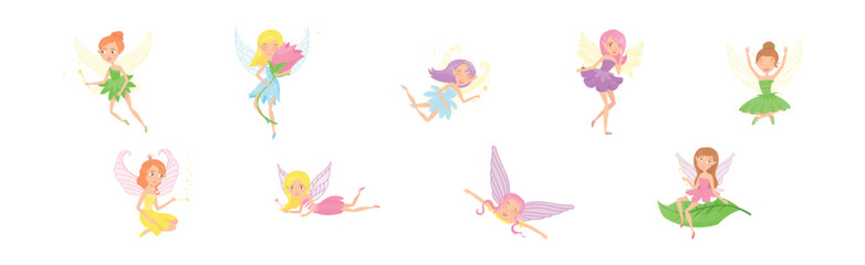 Little Fairy or Pixie with Wings with Magic Wand Vector Illustration Set