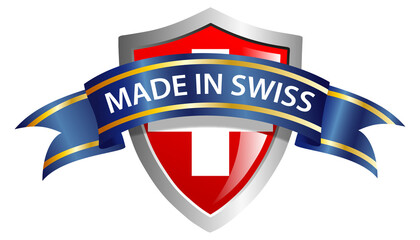 Made in Swiss. Isolated shield with text.