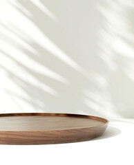 Beautiful wood grain round wood podium dish in sunlight, tropical palm leaf shadow on white table countertop, wall for nature luxury organic cosmetic, skincare, beauty treatment product background 3D