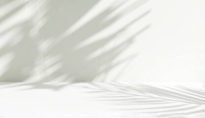 Blank minimal white counter podium, soft beautiful dappled sunlight, tropical palm foliage leaf shadow on wall for luxury hygiene organic cosmetic, skincare, beauty treatment product background 3D - obrazy, fototapety, plakaty