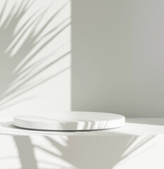 Smooth round white podium in sunlight, tropical palm leaf shadow for on white table countertop, wall for nature luxury hygiene organic cosmetic, skincare, beauty treatment product background 3D