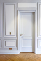 vertical shot of luxury interior on white wall with closed door and wooden parquet