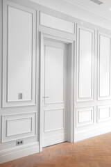 vertical corner frame of luxury interior on white wall with closed door and wooden parquet