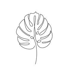 MONSTERA LEAF LINE ART. Vector tropical leaf. Continuous Line Plant. Graphic for print poster, sticker tattoo, tee with monstera. One Line art black Hand Drawn simple Illustration on White Background