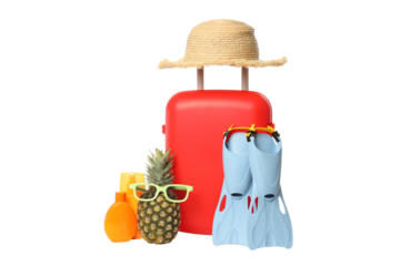 Travel and vacation, composition with suitcase, isolated on white background