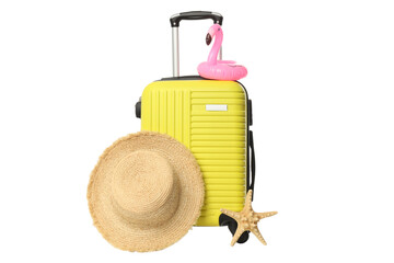 Travel and vacation, composition with suitcase, isolated on white background