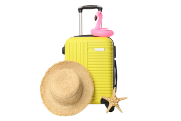 Travel and vacation, composition with suitcase, isolated on white background