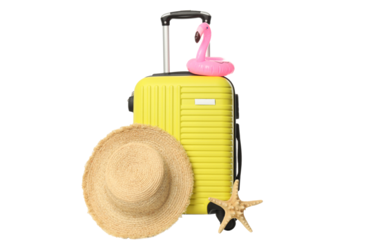 Travel and vacation, composition with suitcase, isolated on white background