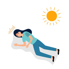 Young woman fainting under strong sunlight in flat design on white background. Dizziness symptom.