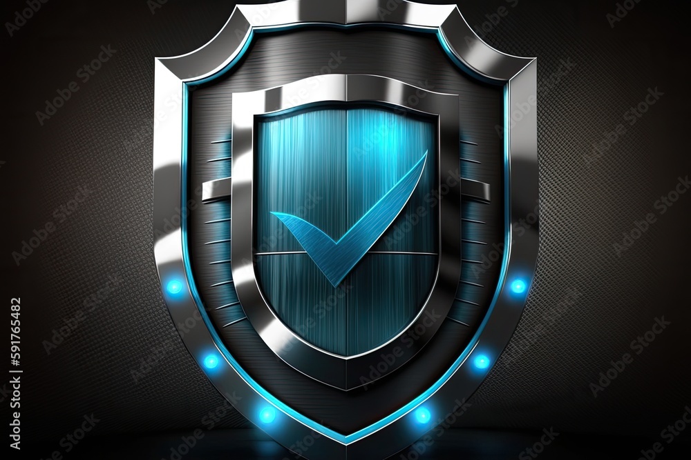 Poster metallic shield with a check mark symbol on it. generative ai