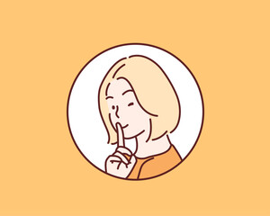 Beautiful girl winking and making silence or secret hand gesture with finger on lips. Hand drawn style vector design illustrations. - obrazy, fototapety, plakaty