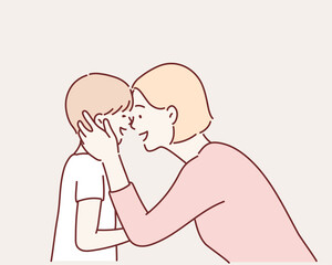 Happy young mother having fun with her child.  Hand drawn style vector design illustrations.