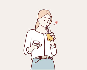 cute casual girl drinking orange juice from a glass. Hand drawn style vector design illustrations.