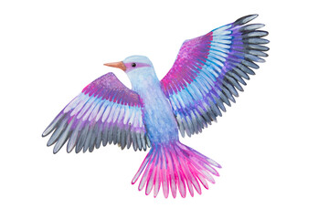 Purple bird with spread wings painted in watercolor and isolated on a white background.