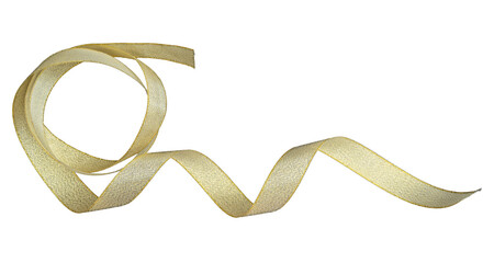 Golden wavy ribbon isolated on white. Holidays decoration concept, with clipping path. Shiny golden...