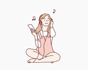 Young happy girl sitting on floor and listening music. Hand drawn style vector design illustrations.