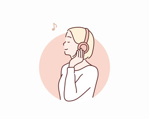 Young woman with headphones listening to music. Hand drawn style vector design illustration.