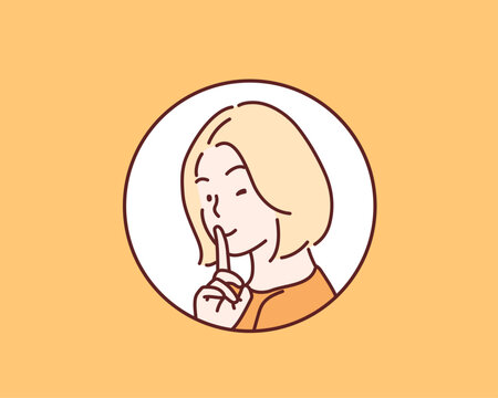 Beautiful girl winking and making silence or secret hand gesture with finger on lips. Hand drawn style vector design illustrations.