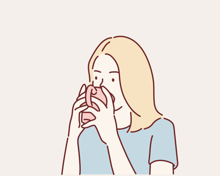 Woman having coffee in the morning. Hand drawn style vector design illustrations.