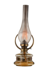Old glass kerosene lamp with lit wick. Transparent background.