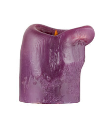 Purple candle with partially melted wax and lit wick. Wrinkled, rough surface of the candle. Transparent background.