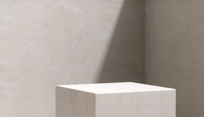 Minimal white square concrete podium in sunlight, shadow on gray cement texture corner wall loft style for modern luxury beauty, cosmetic, organic, fashion product display background 3D